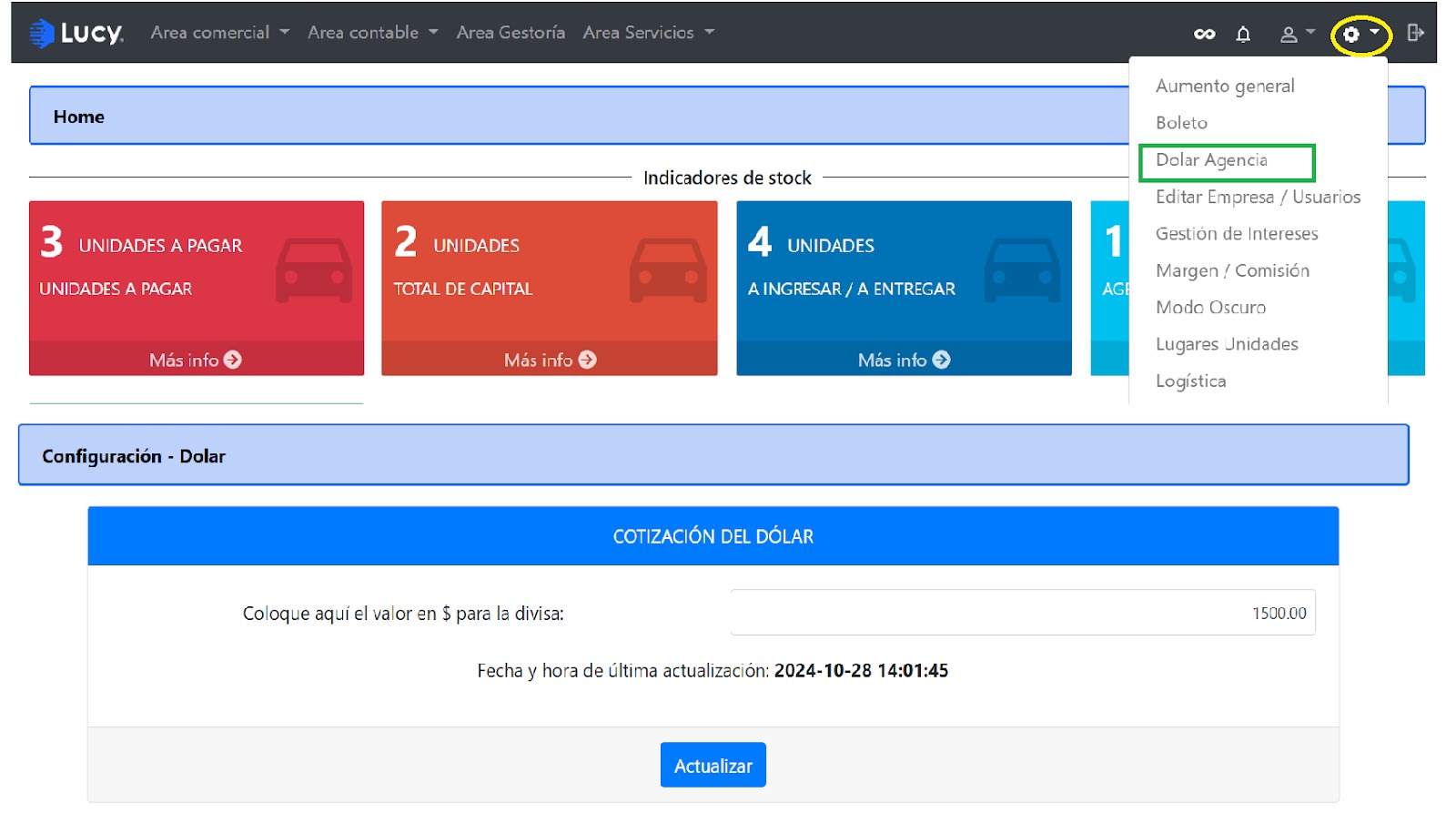 Configuración > Cotización del Dólar