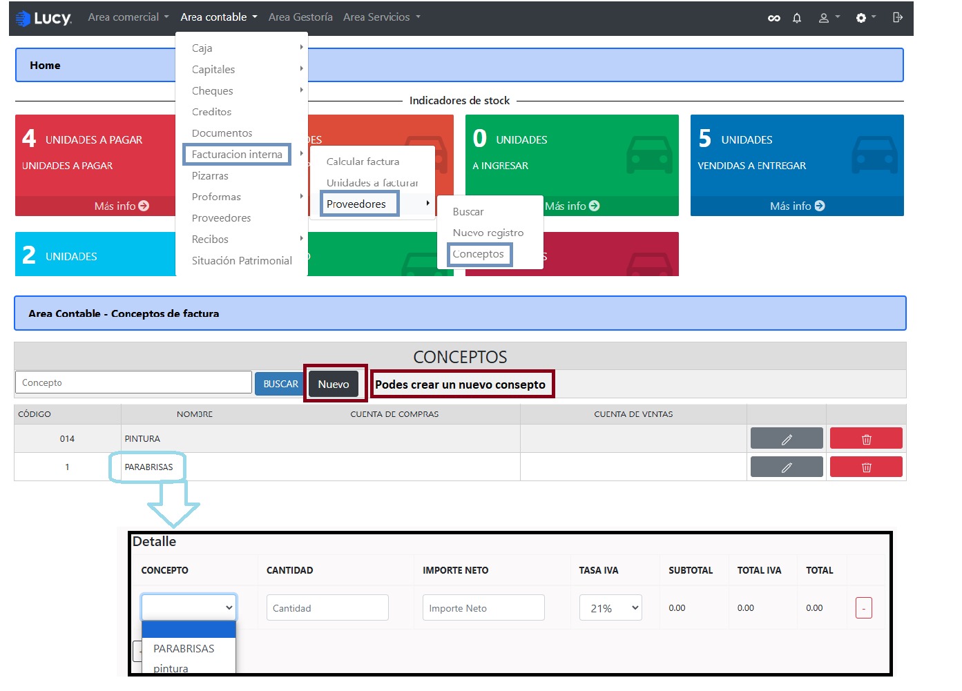 Facturación Interna > Proveedores > Conceptos