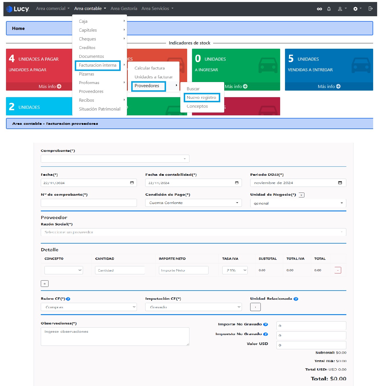 Facturación Interna > Proveedores > Nuevo Registro