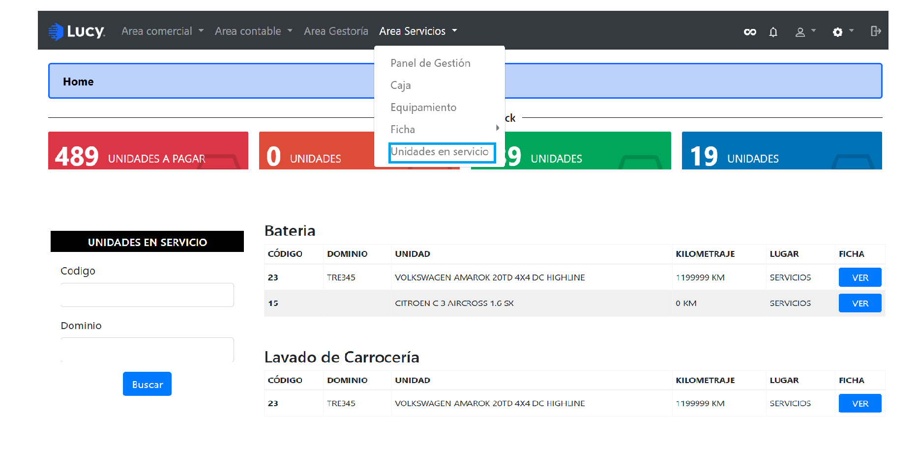 Servicios > Unidades en servicio