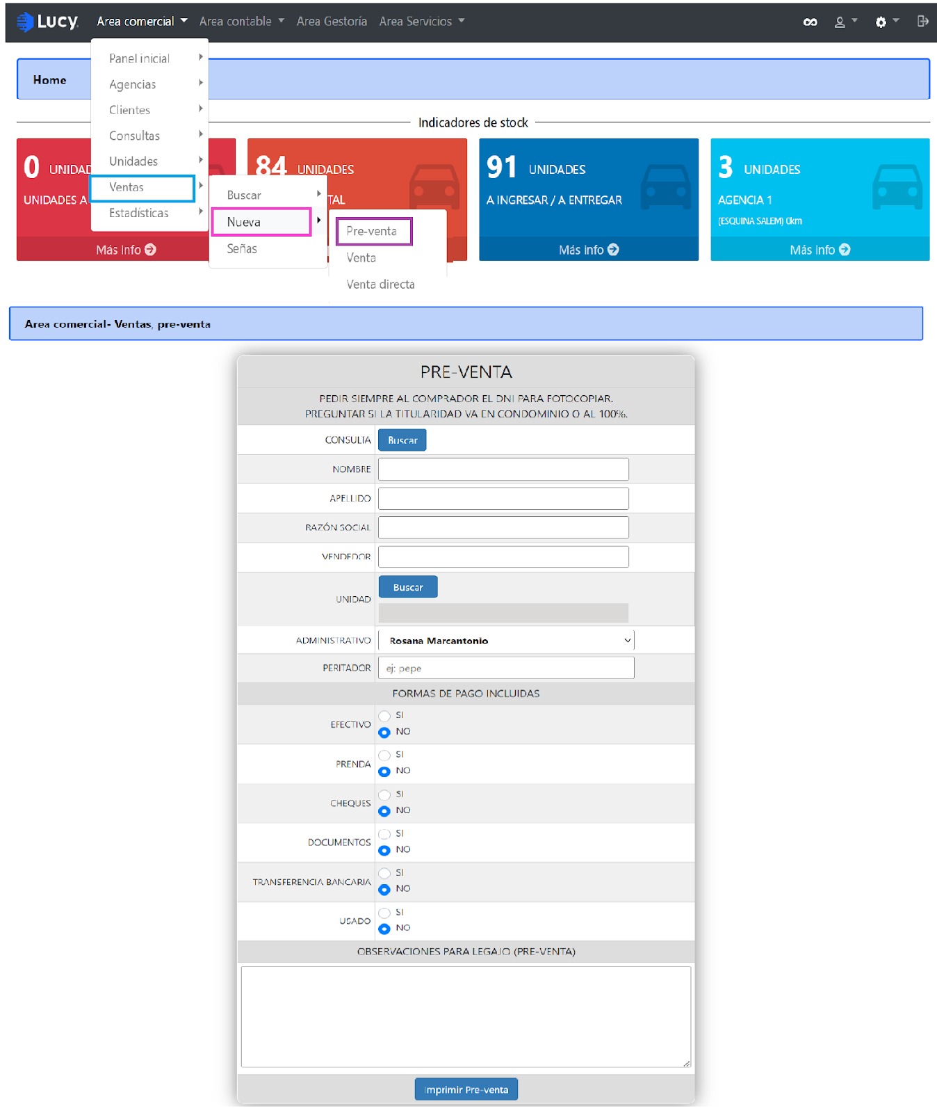 Ventas > Nueva > Pre-venta